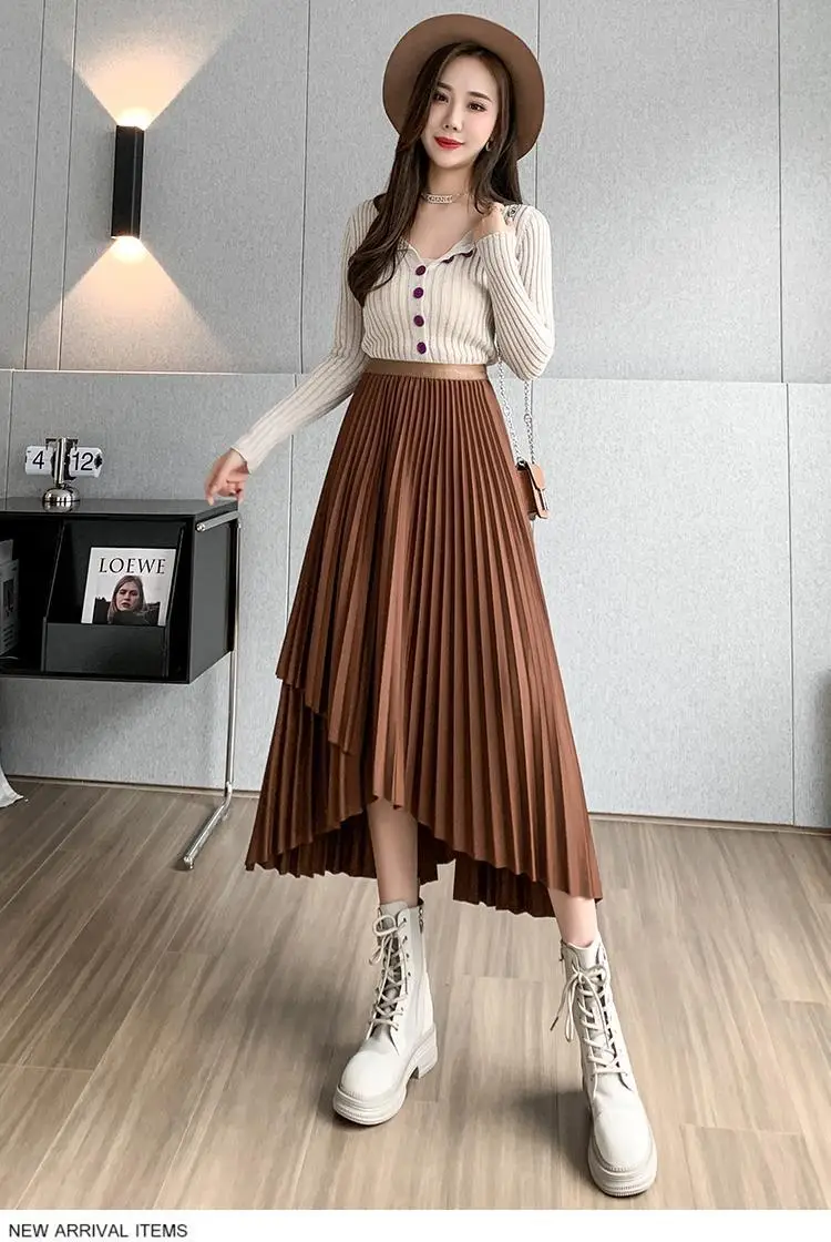 Women Pleated Irregular Skirt Set Autumn Long Swing — feature 42