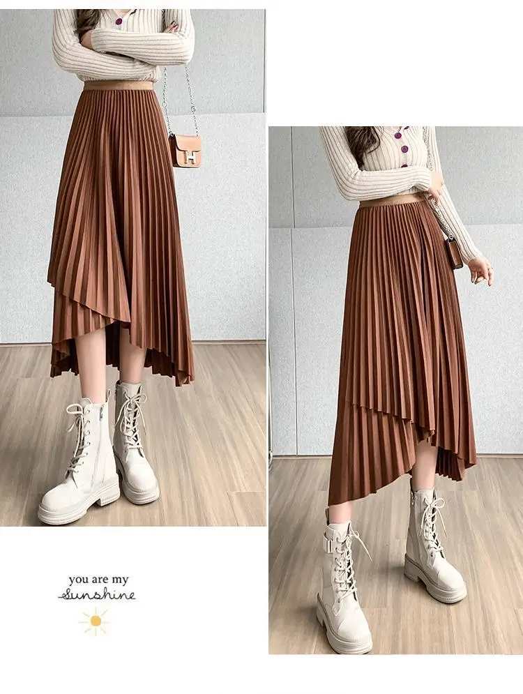 Women Pleated Irregular Skirt Set Autumn Long Swing — feature 43