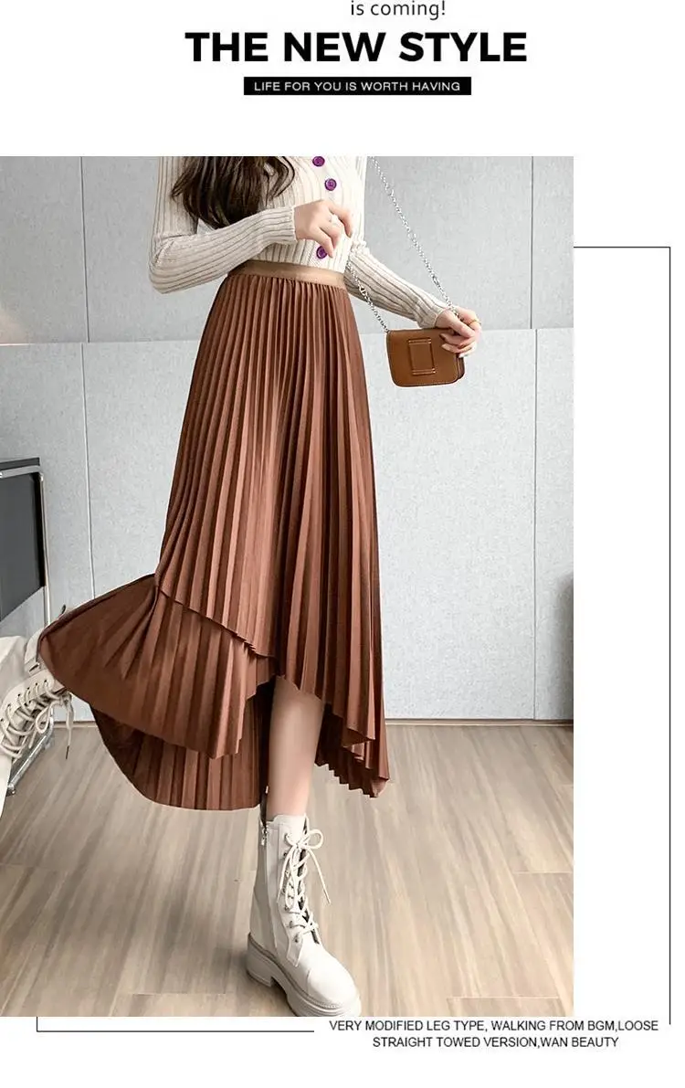 Women Pleated Irregular Skirt Set Autumn Long Swing — feature 44