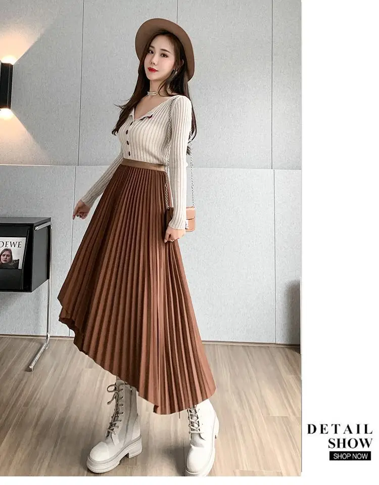 Women Pleated Irregular Skirt Set Autumn Long Swing — feature 45