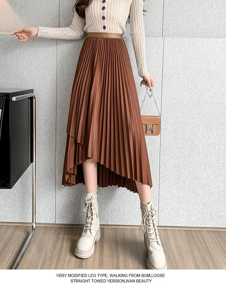 Women Pleated Irregular Skirt Set Autumn Long Swing — feature 46