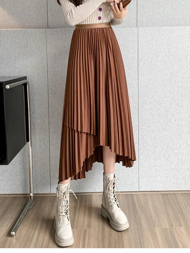 Women Pleated Irregular Skirt Set Autumn Long Swing — feature 47