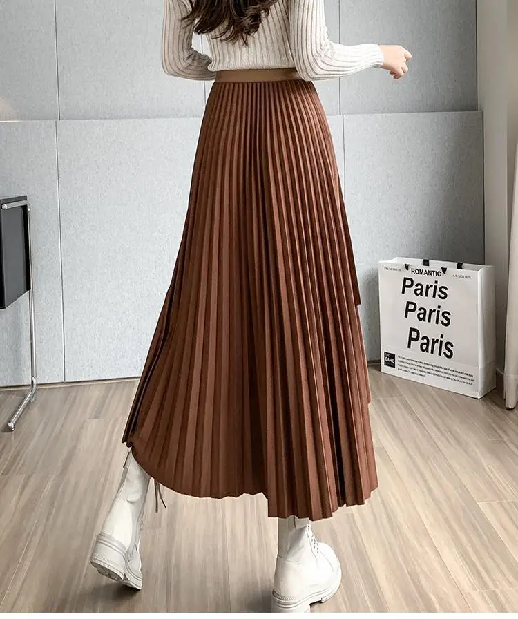 Women Pleated Irregular Skirt Set Autumn Long Swing — feature 48