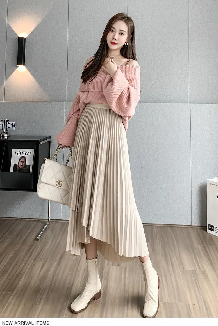 Women Pleated Irregular Skirt Set Autumn Long Swing — feature 49