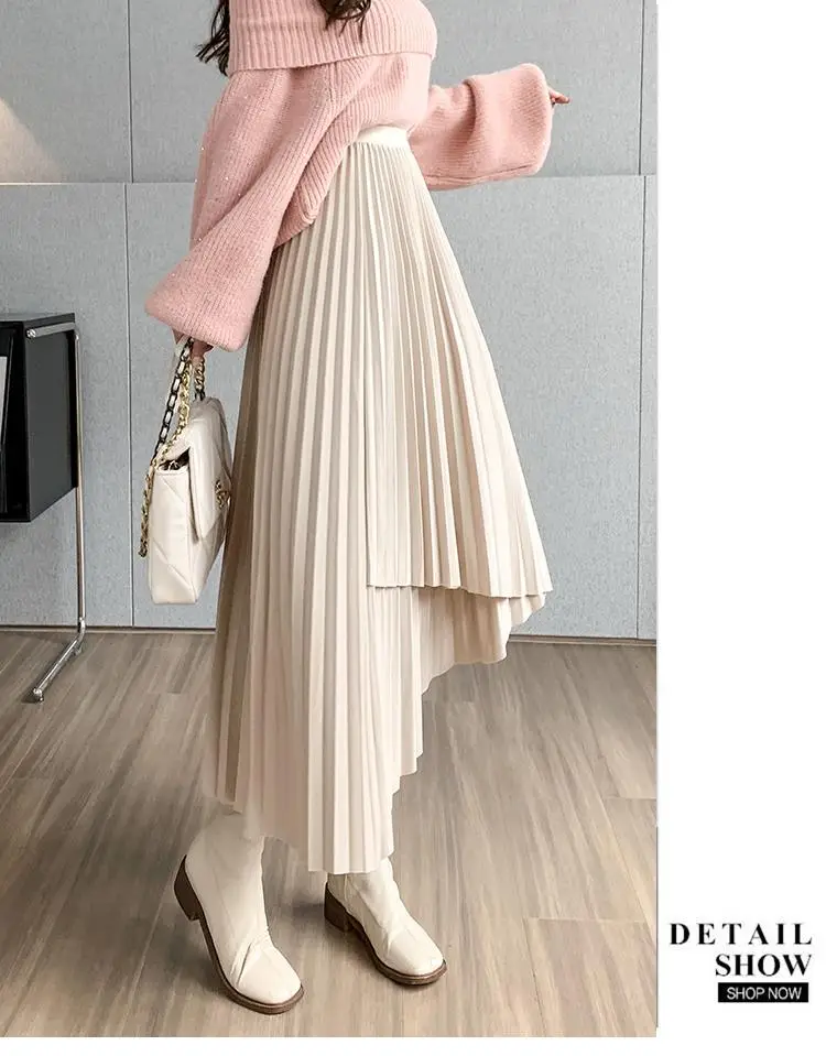 Women Pleated Irregular Skirt Set Autumn Long Swing — feature 52