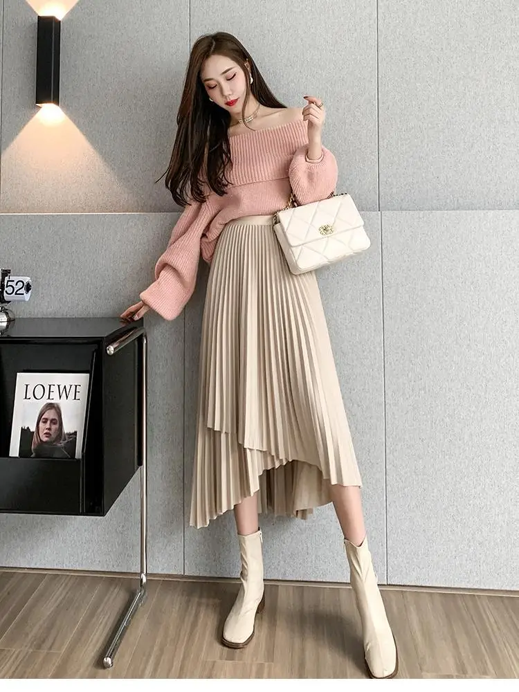 Women Pleated Irregular Skirt Set Autumn Long Swing — feature 54