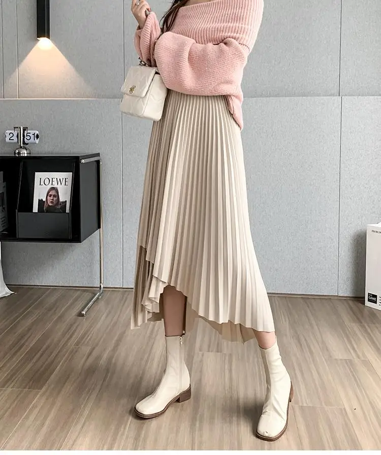 Women Pleated Irregular Skirt Set Autumn Long Swing — feature 55