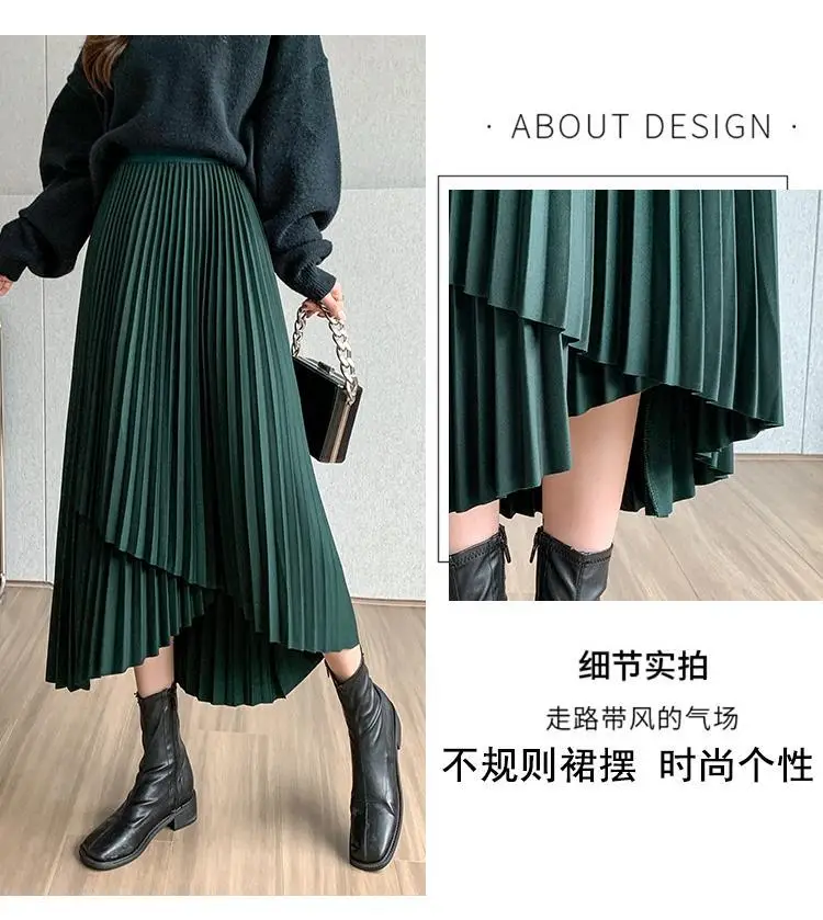 Women Pleated Irregular Skirt Set Autumn Long Swing — feature 9