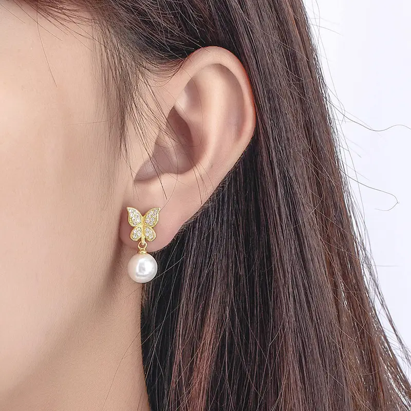 Korean Retro Butterfly Earrings Pearl Silver Gold - Image 3