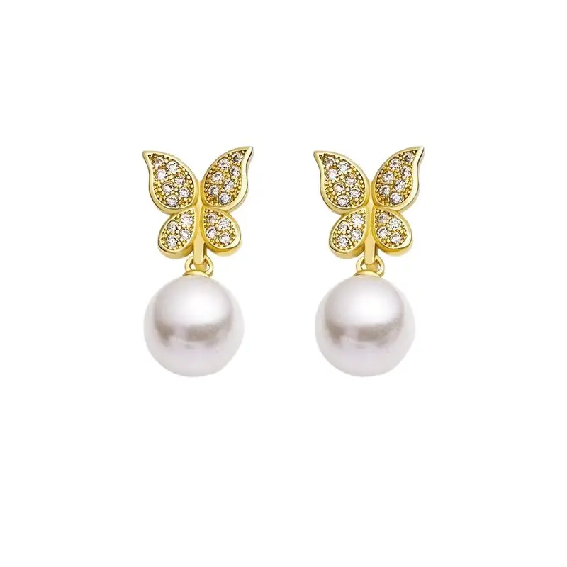 Korean Retro Butterfly Earrings Pearl Silver Gold - Image 5