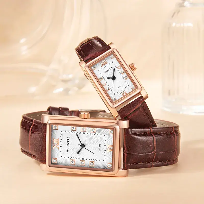 Volis Men's Women's Diamond Quartz Watch Brown Leather Belt