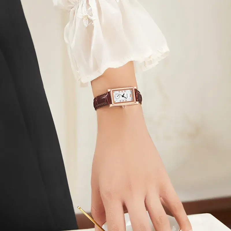 Volis Men's Women's Diamond Quartz Watch Brown Leather Belt