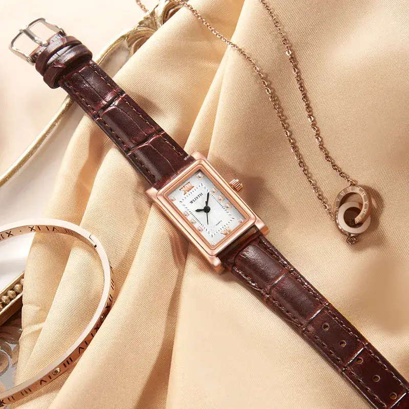 Volis Men's Women's Diamond Quartz Watch Brown Leather Belt