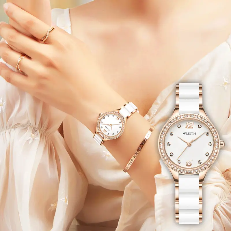Women's Swiss Quartz Watch White Rose Gold Diamond Band