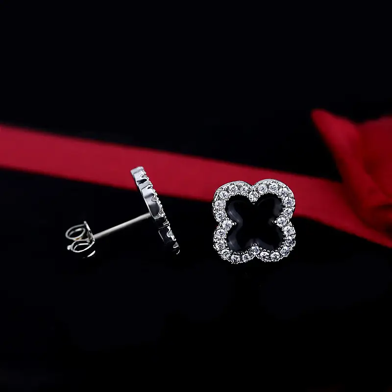 S925 Silver Black Clover Earrings with Zircon — feature 10