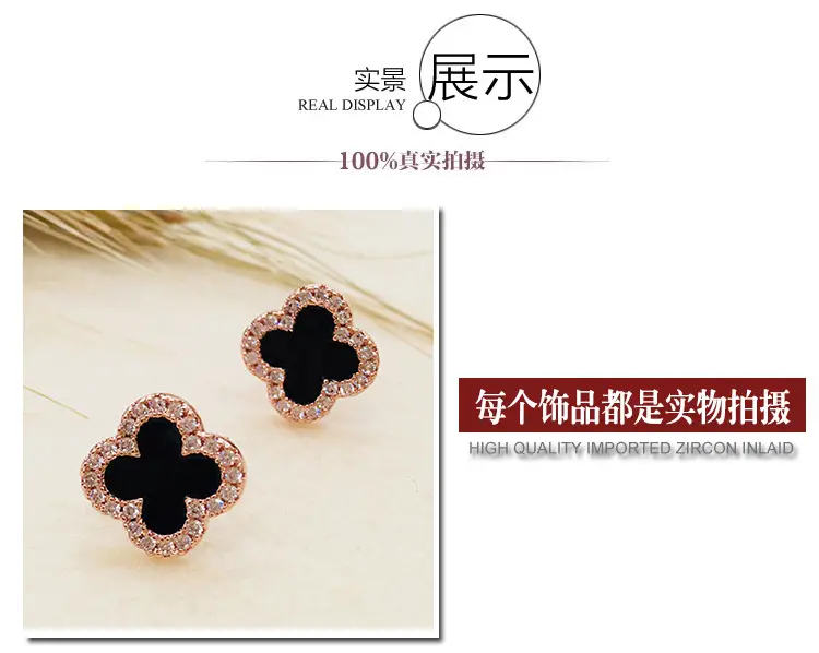 S925 Silver Black Clover Earrings with Zircon — feature 3