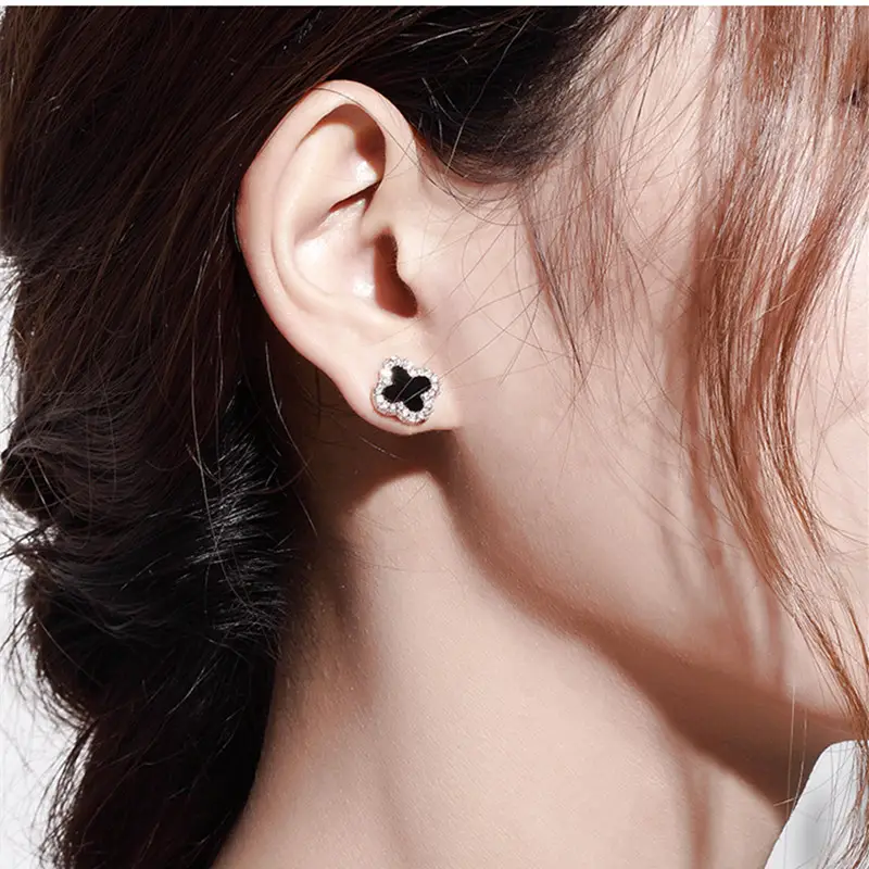 S925 Silver Black Clover Earrings with Zircon — feature 8