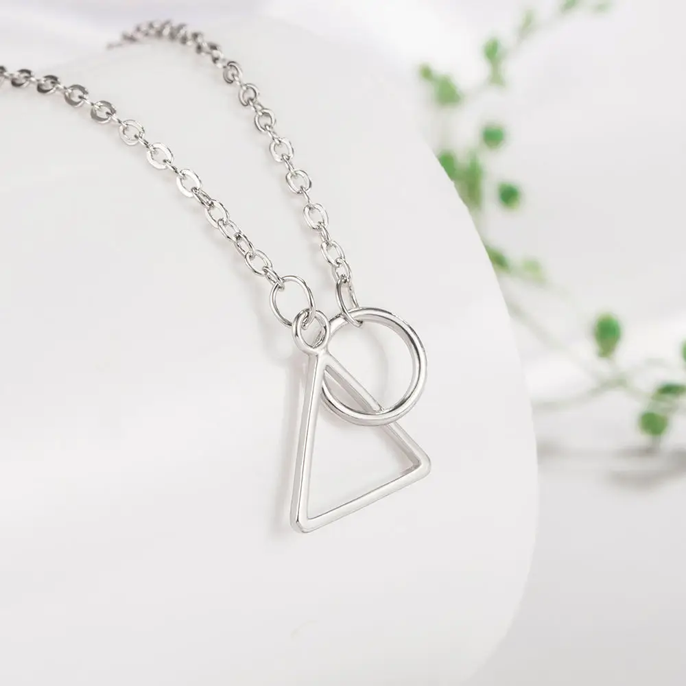 Silver Geometric Triangle Circle Necklace for Women