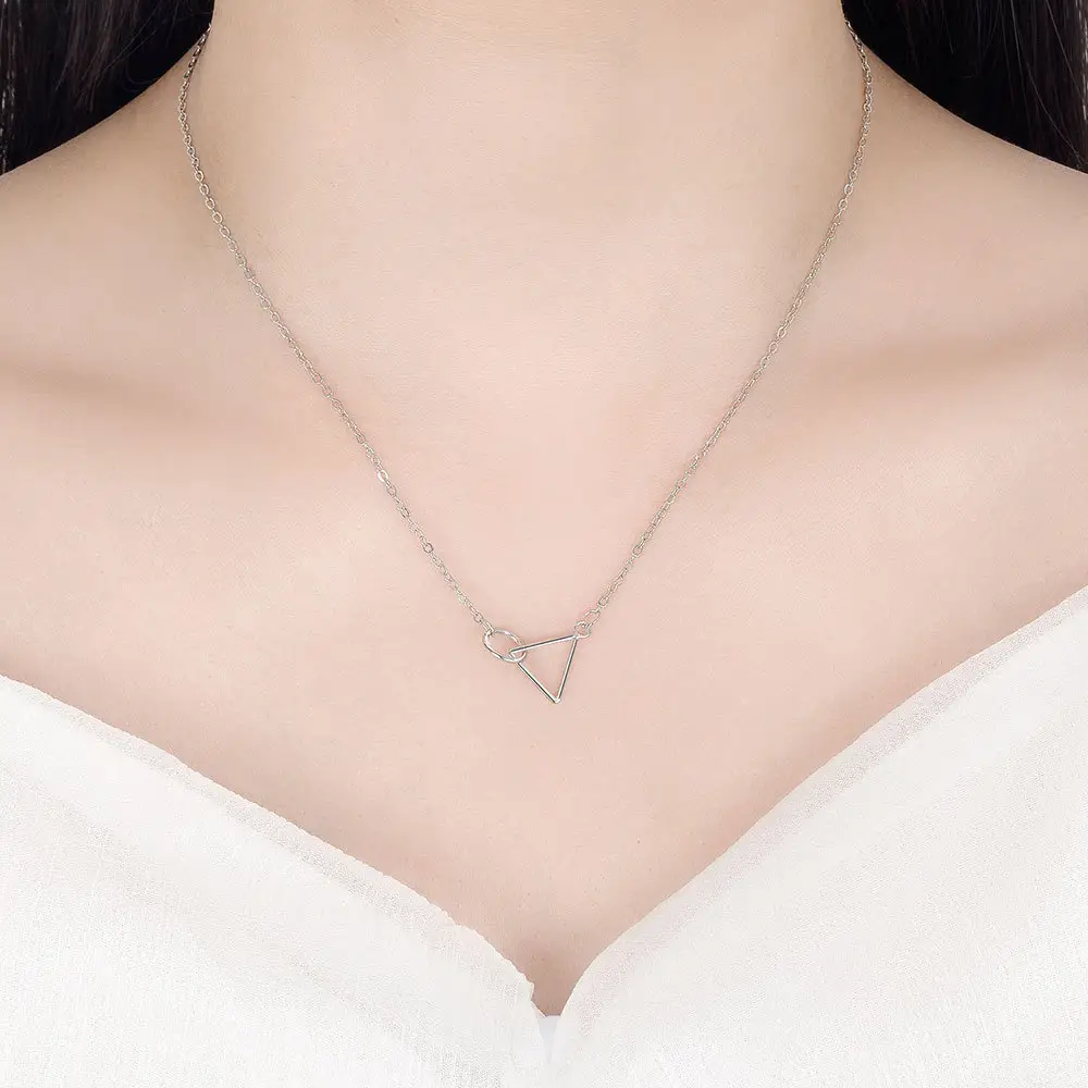 Silver Geometric Triangle Circle Necklace for Women