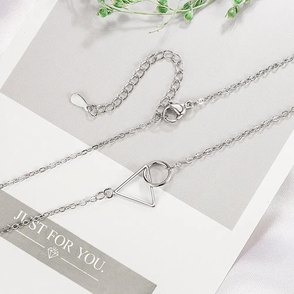 Silver Geometric Triangle Circle Necklace for Women