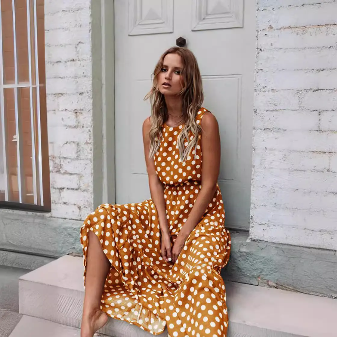 Women's Printed Polka Dot Long Skirt Dress Orange - Image 9