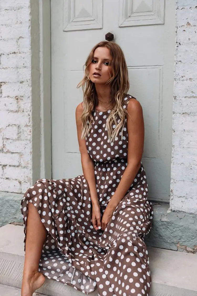 Women's Printed Polka Dot Long Skirt Dress Orange — feature 55