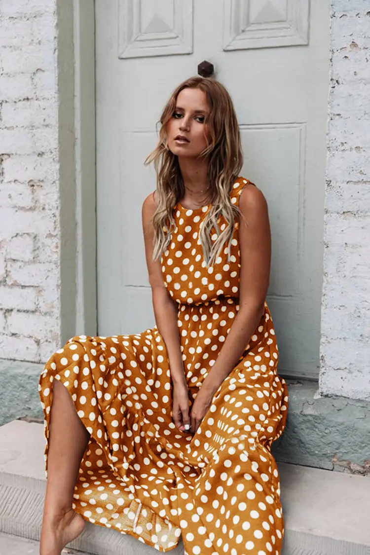 Women's Printed Polka Dot Long Skirt Dress Orange — feature 57