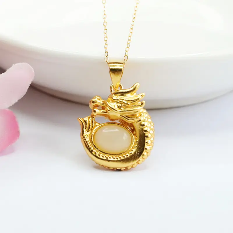 Guan Yu Dragon Pendant S925 Gold Natural Hetian Jade Necklace — feature 4