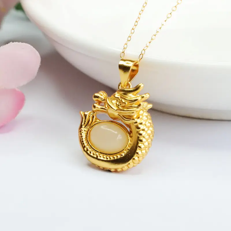 Guan Yu Dragon Pendant S925 Gold Natural Hetian Jade Necklace - Image 3