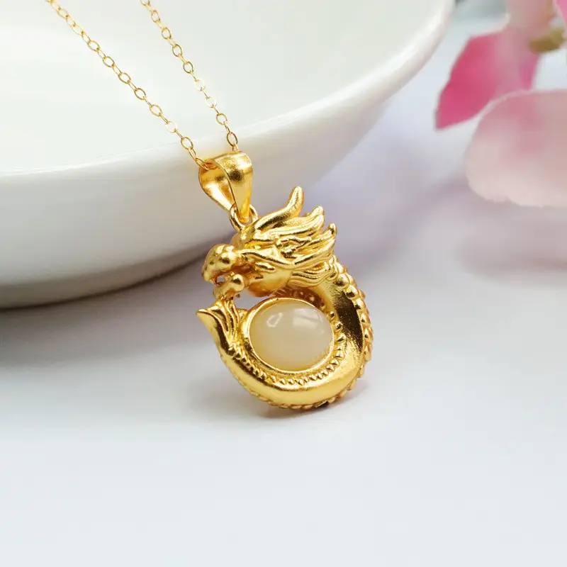 Guan Yu Dragon Pendant S925 Gold Natural Hetian Jade Necklace — feature 6