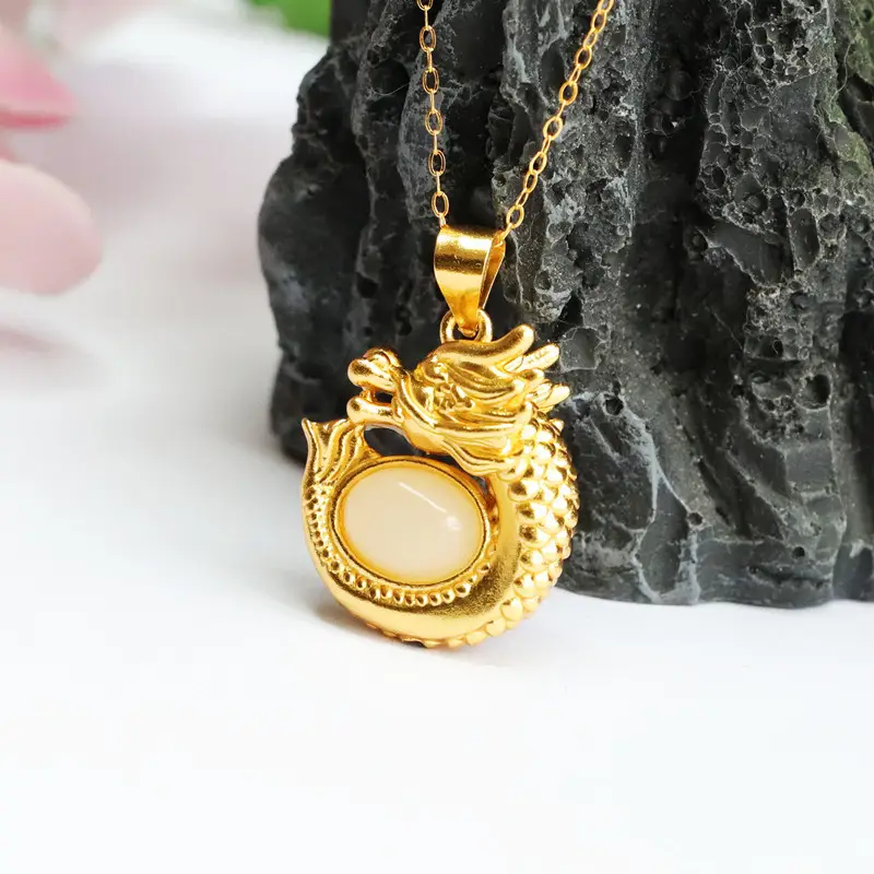 Guan Yu Dragon Pendant S925 Gold Natural Hetian Jade Necklace - Image 5
