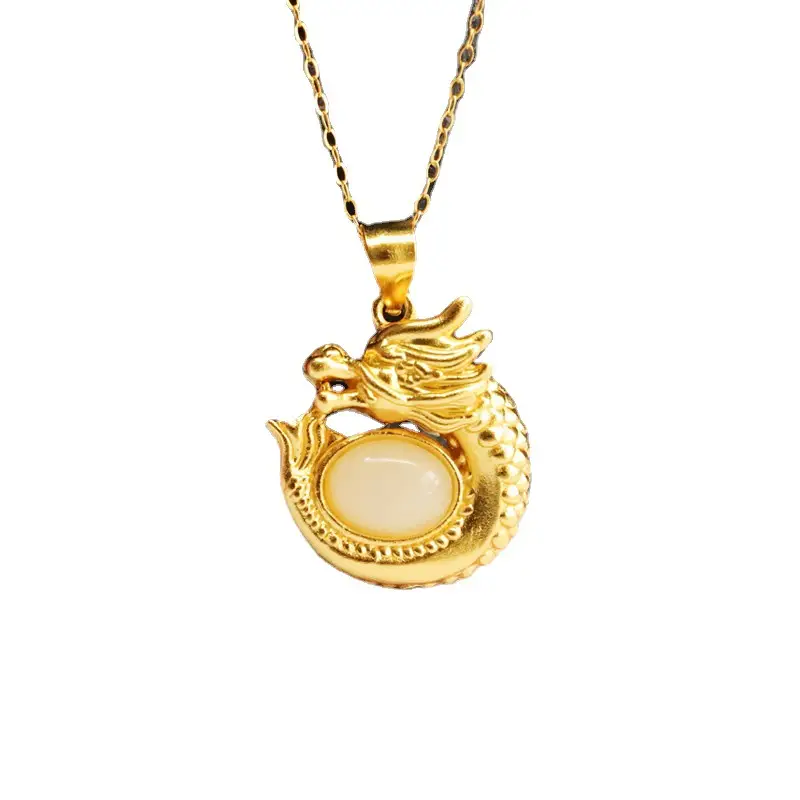 Guan Yu Dragon Pendant S925 Gold Natural Hetian Jade Necklace - Image 6
