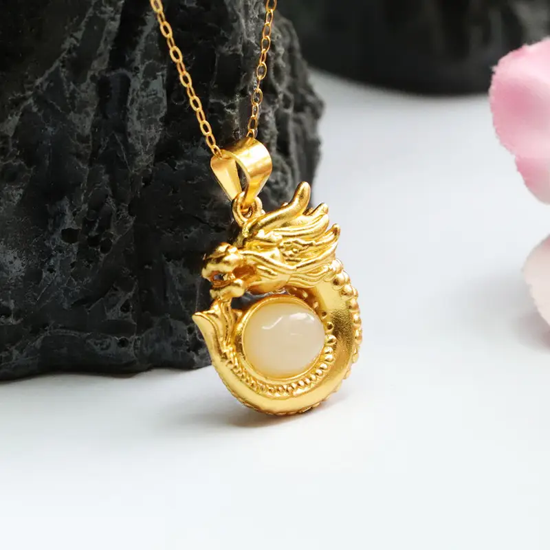 Guan Yu Dragon Pendant S925 Gold Natural Hetian Jade Necklace — feature 11