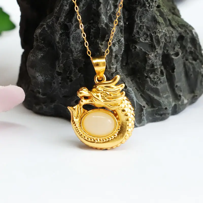 Guan Yu Dragon Pendant S925 Gold Natural Hetian Jade Necklace — feature 9