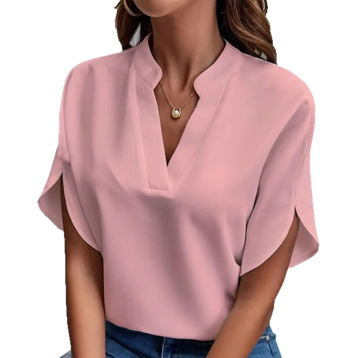 Women's V-Neck Loose Shirt Light Blue 2025 Summer - Image 13