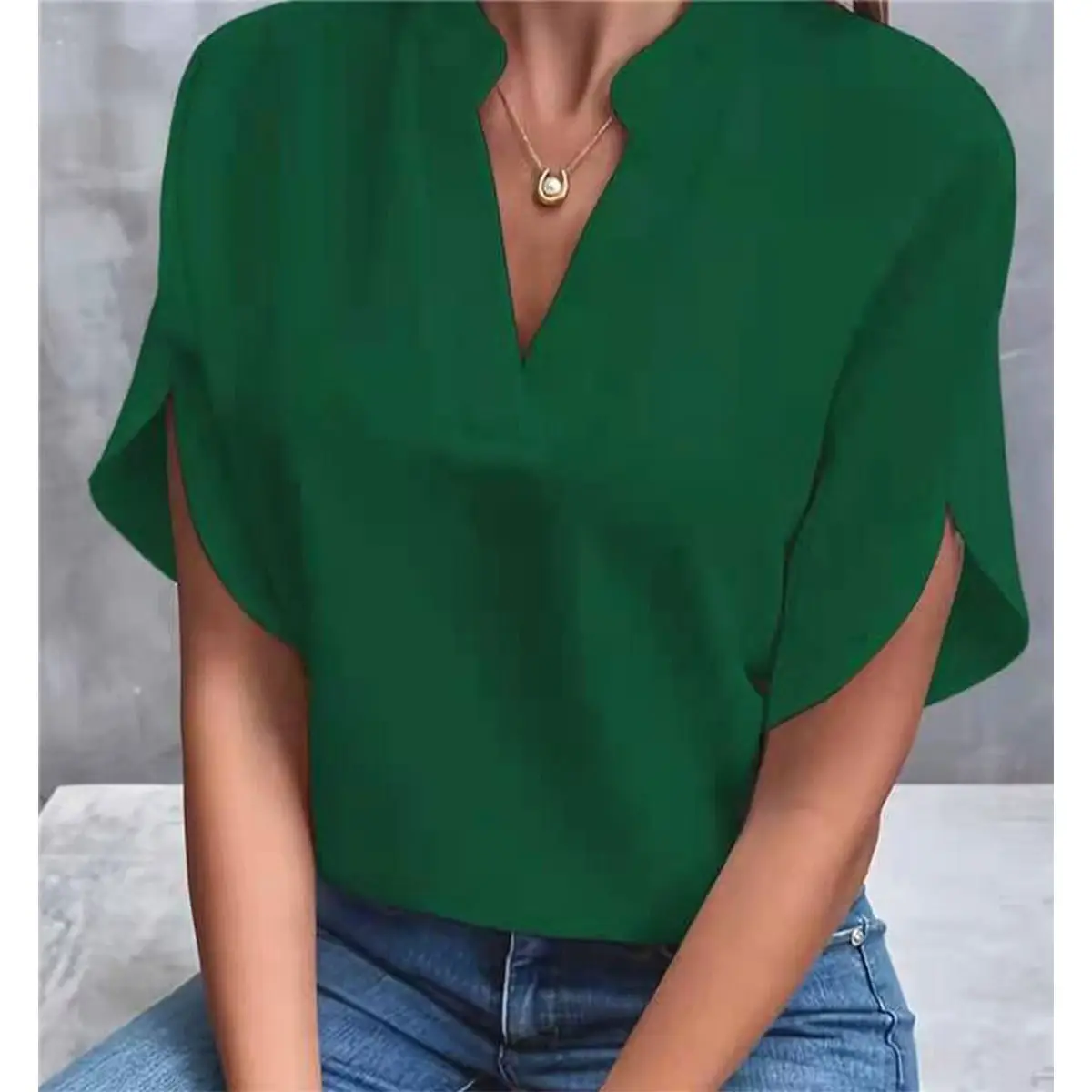 Women's V-Neck Loose Shirt Light Blue 2025 Summer - Image 3