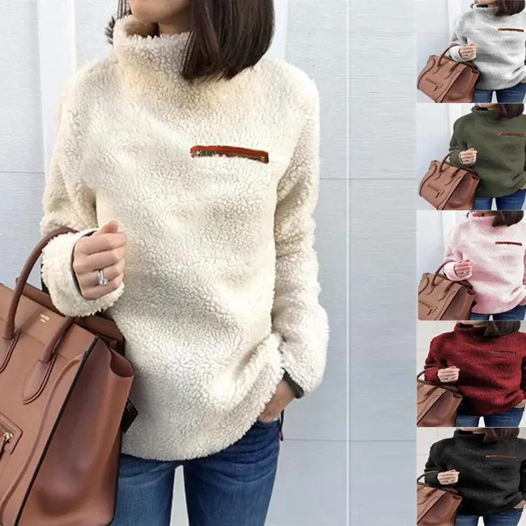 Pink Fleece Zipper High Neck Sweater for Women - Image 7
