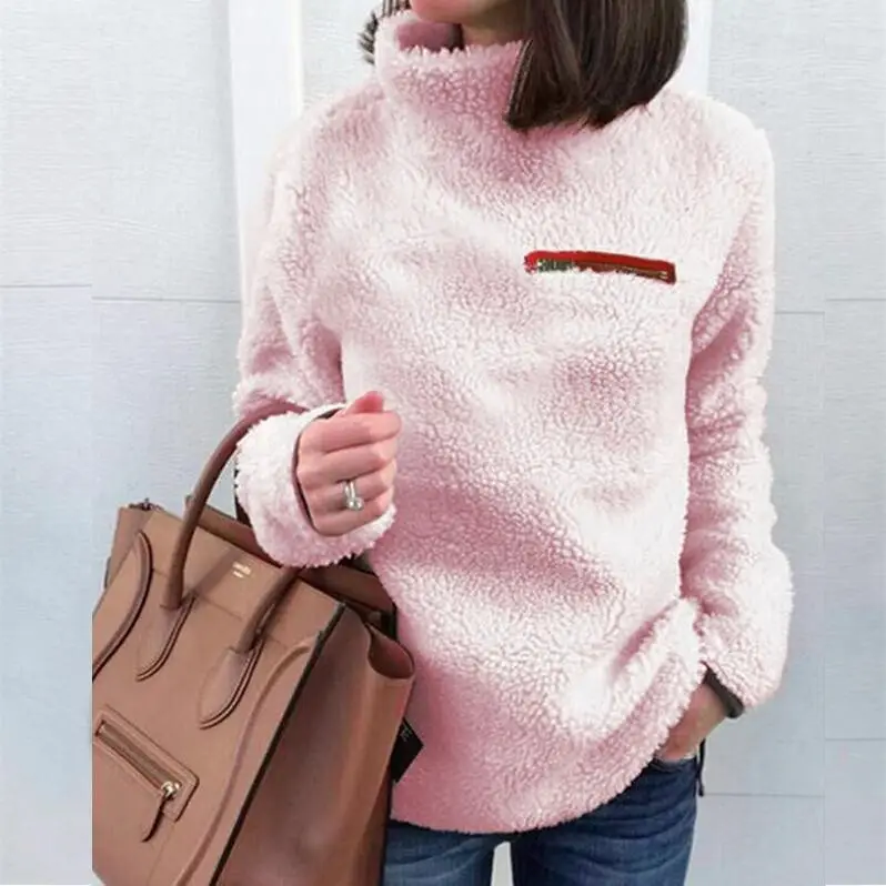 Pink Fleece Zipper High Neck Sweater for Women - Image 9