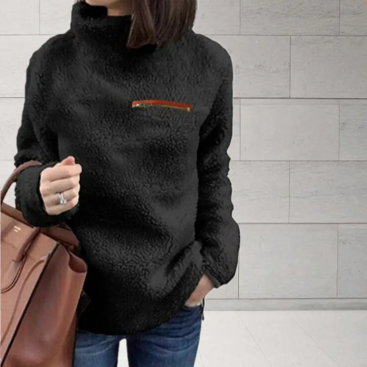 Pink Fleece Zipper High Neck Sweater for Women - Image 10