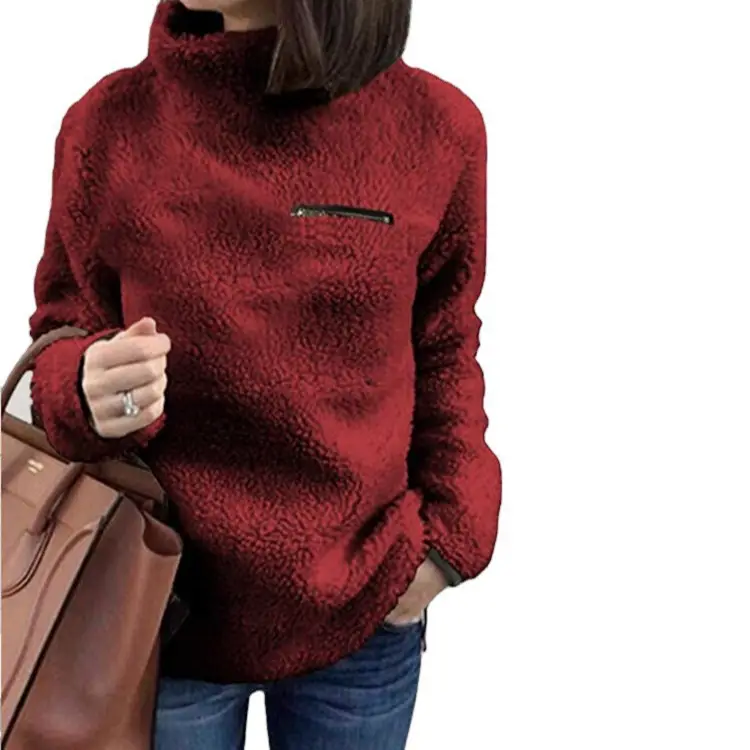 Pink Fleece Zipper High Neck Sweater for Women - Image 11