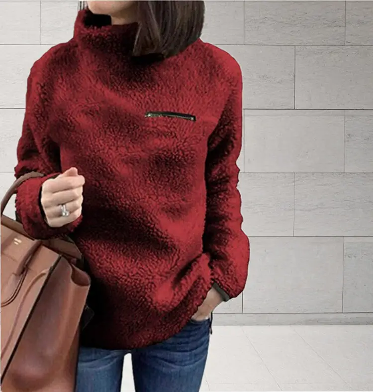Pink Fleece Zipper High Neck Sweater for Women — feature 56