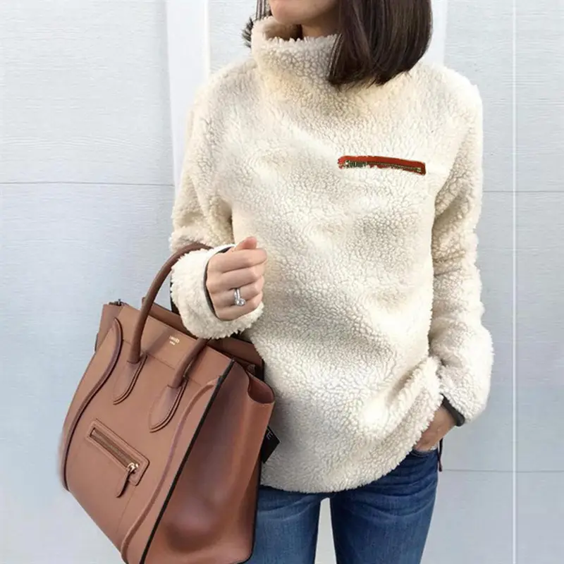 Pink Fleece Zipper High Neck Sweater for Women — feature 58