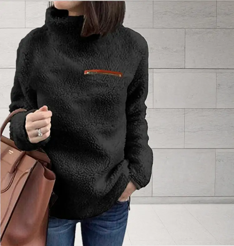 Pink Fleece Zipper High Neck Sweater for Women — feature 59