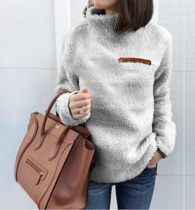 Pink Fleece Zipper High Neck Sweater for Women - Image 4