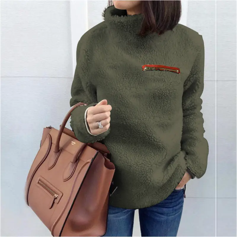 Pink Fleece Zipper High Neck Sweater for Women - Image 6
