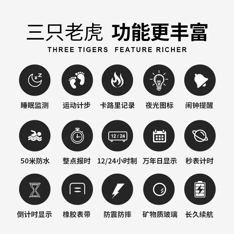 Three Tigers Multifunctional Alarm Clock Watch Black Waterproof - Image 10