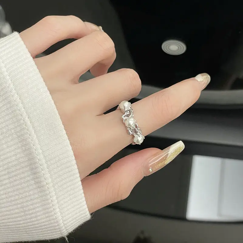 Women's Pearl Ring with Folded Lava Design - Image 2