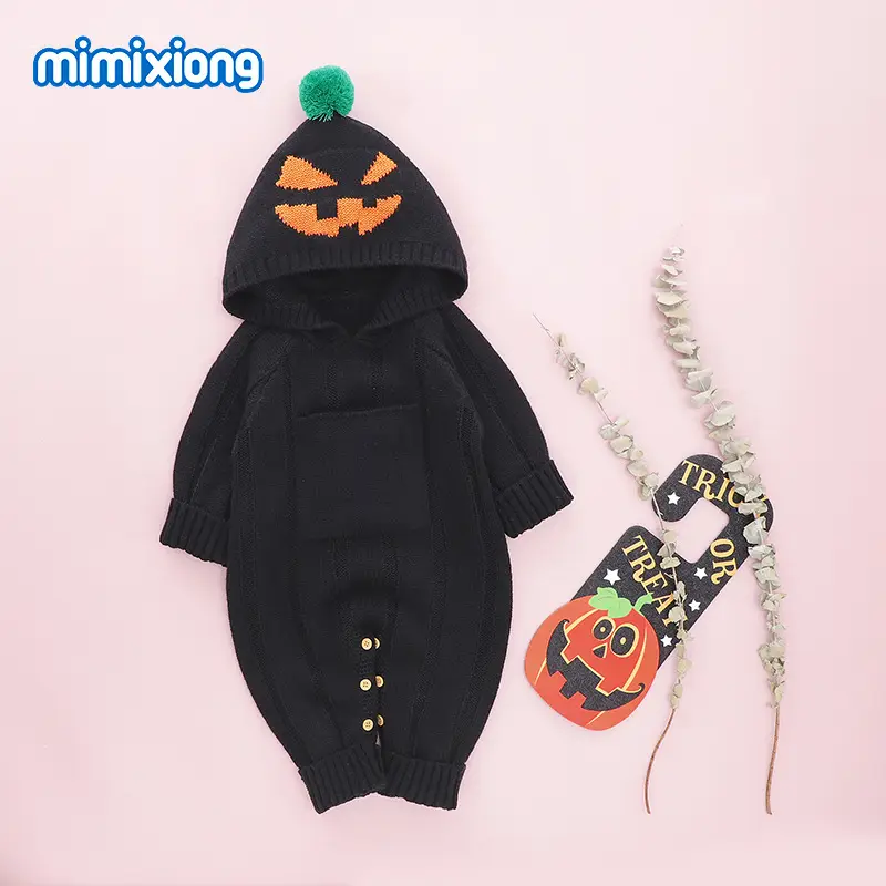 Halloween Baby Hooded Suit Black with Pumpkin Design - Image 2