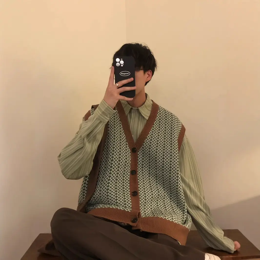 Men's Japanese Style Knitted Vest Brown American Style