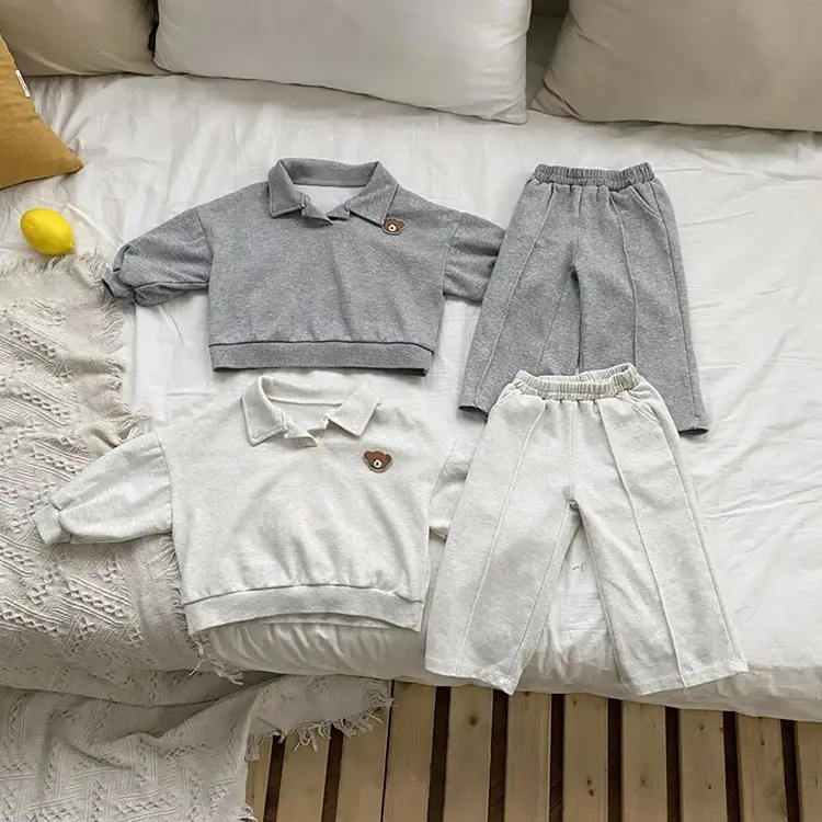 2026 Korean Boys Bear Collar Sweatshirt Set Grey - Image 5